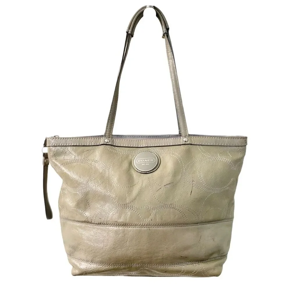 Coach Signature Stripe Patent Leather Tote Shoulder Bag Taupe Grey F15142
